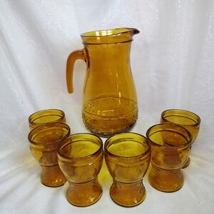 Rare Amber Glass Pitcher and Tumblers Set